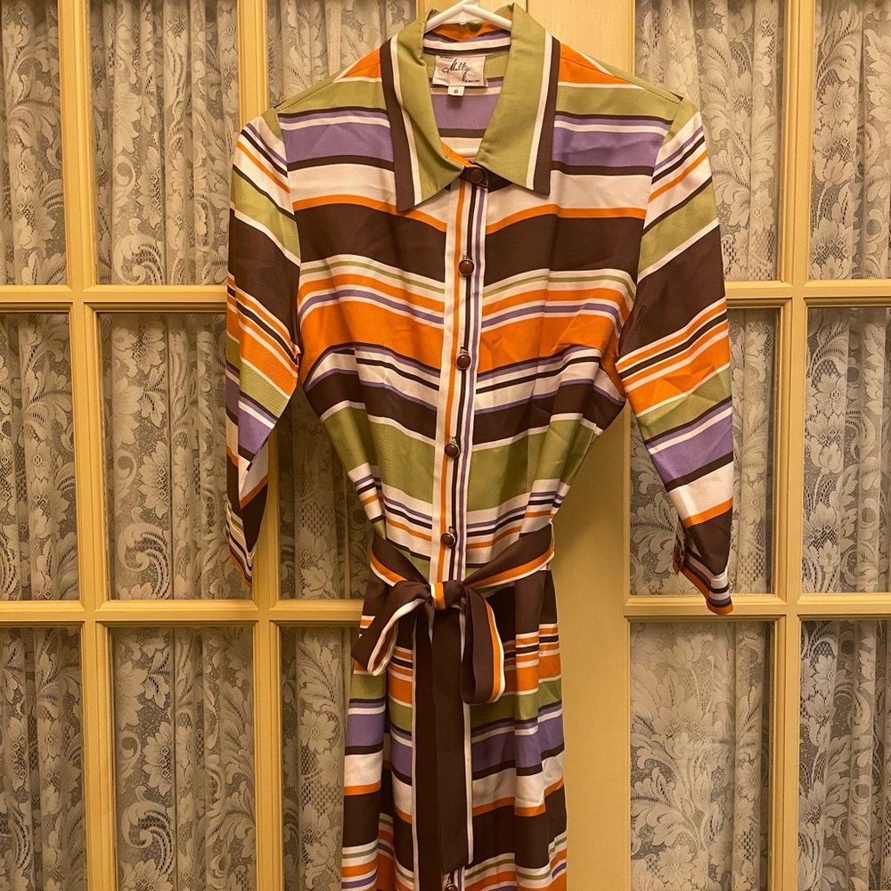 Vintage Milly shirtdress size 8. Orange/brown/green striped dress.